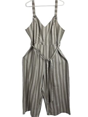City Chic Oatmeal Stripe V-Neck Cropped Plus Size Jumpsuit
